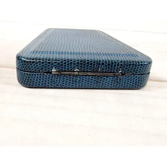 Vintage Jewelry Trinket Presentation Box Blue Metal Faux Snakeskin Velvet - Picture 10 of 14